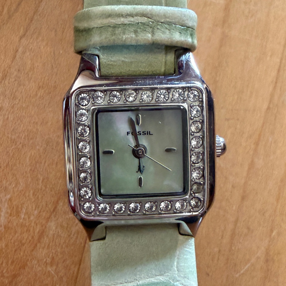 Fossil Square Faced Watch with Pale Green Dial and Sage Green Leather Strap